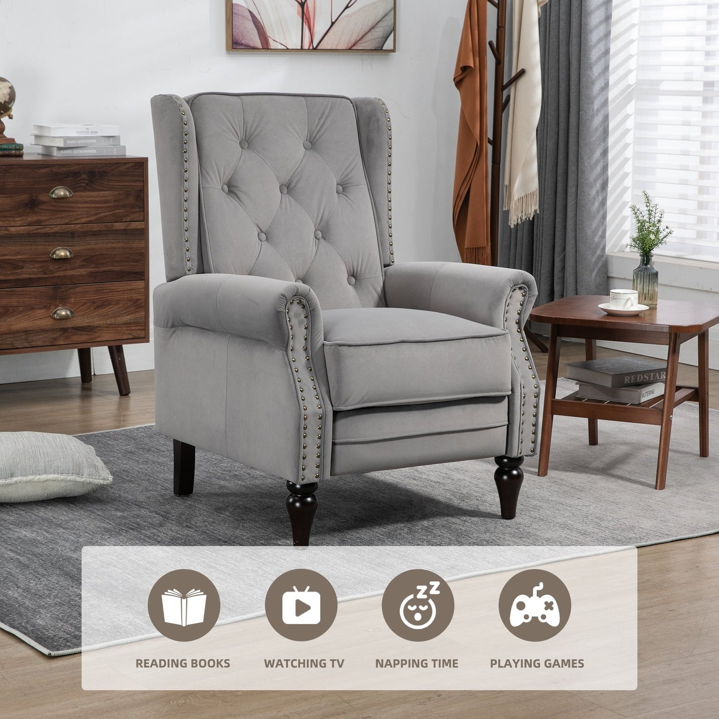 Fauteuil inclinable capitonné en velours avec pieds noirs