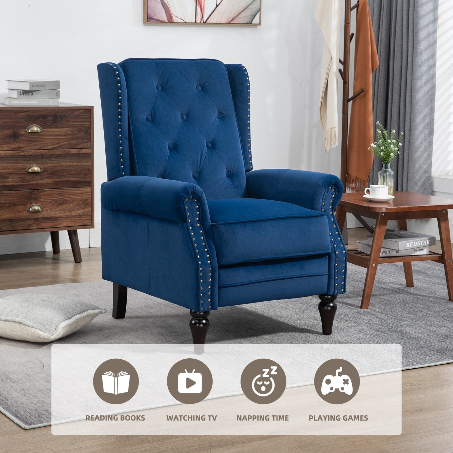 Fauteuil inclinable capitonné en velours avec pieds noirs