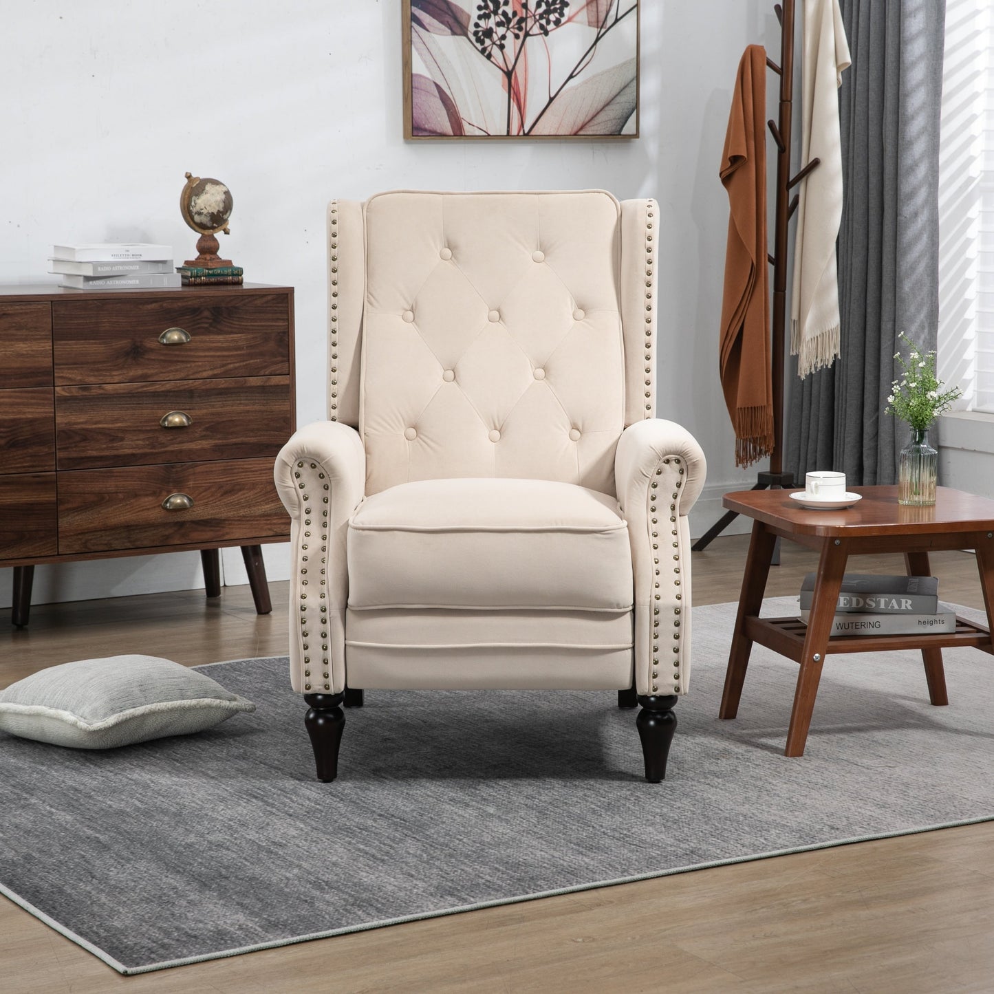 Fauteuil inclinable capitonné en velours avec pieds noirs