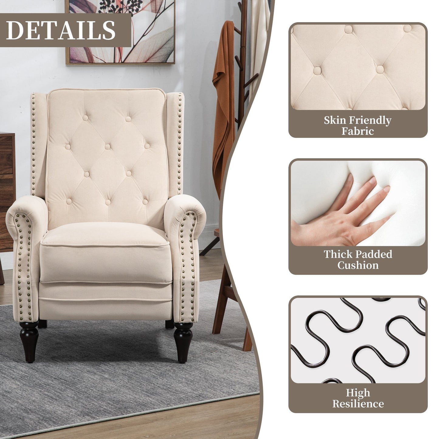 Fauteuil inclinable capitonné en velours avec pieds noirs