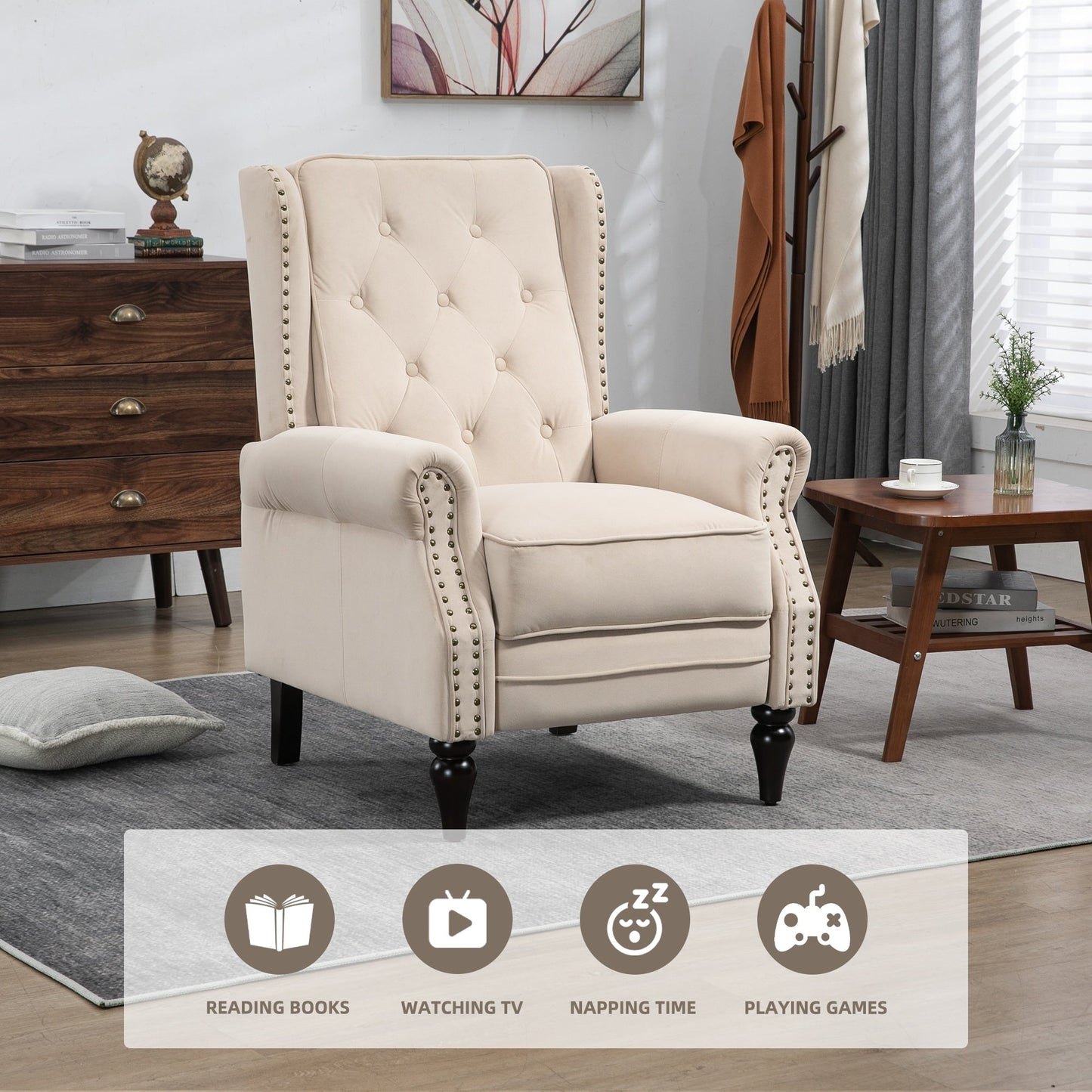 Fauteuil inclinable capitonné en velours avec pieds noirs