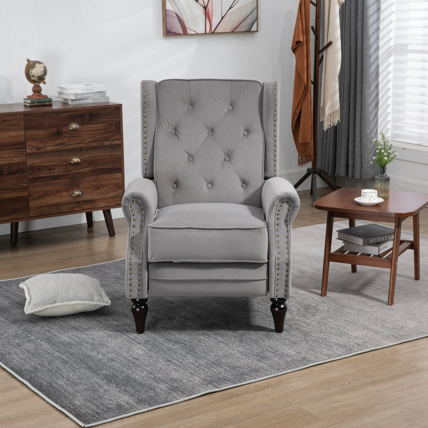 Fauteuil inclinable capitonné en velours avec pieds noirs