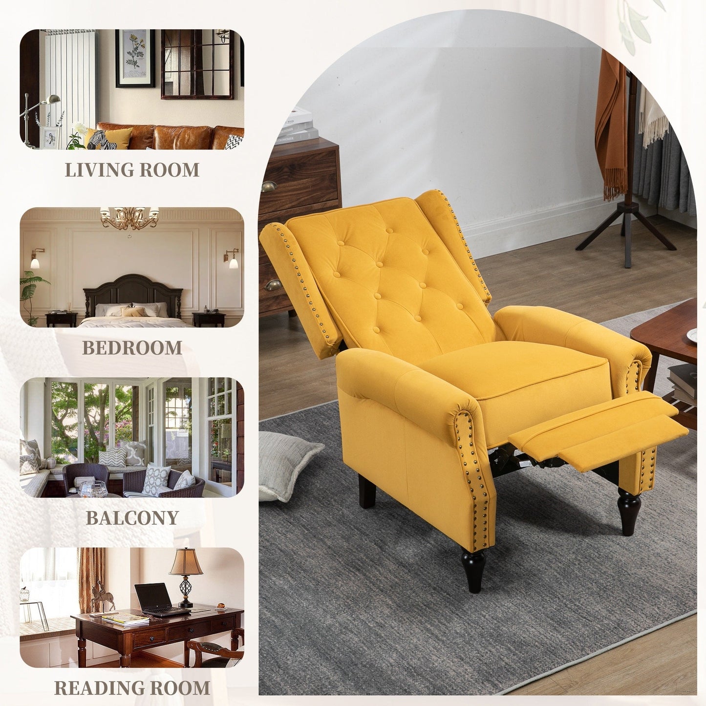 Fauteuil inclinable capitonné en velours avec pieds noirs