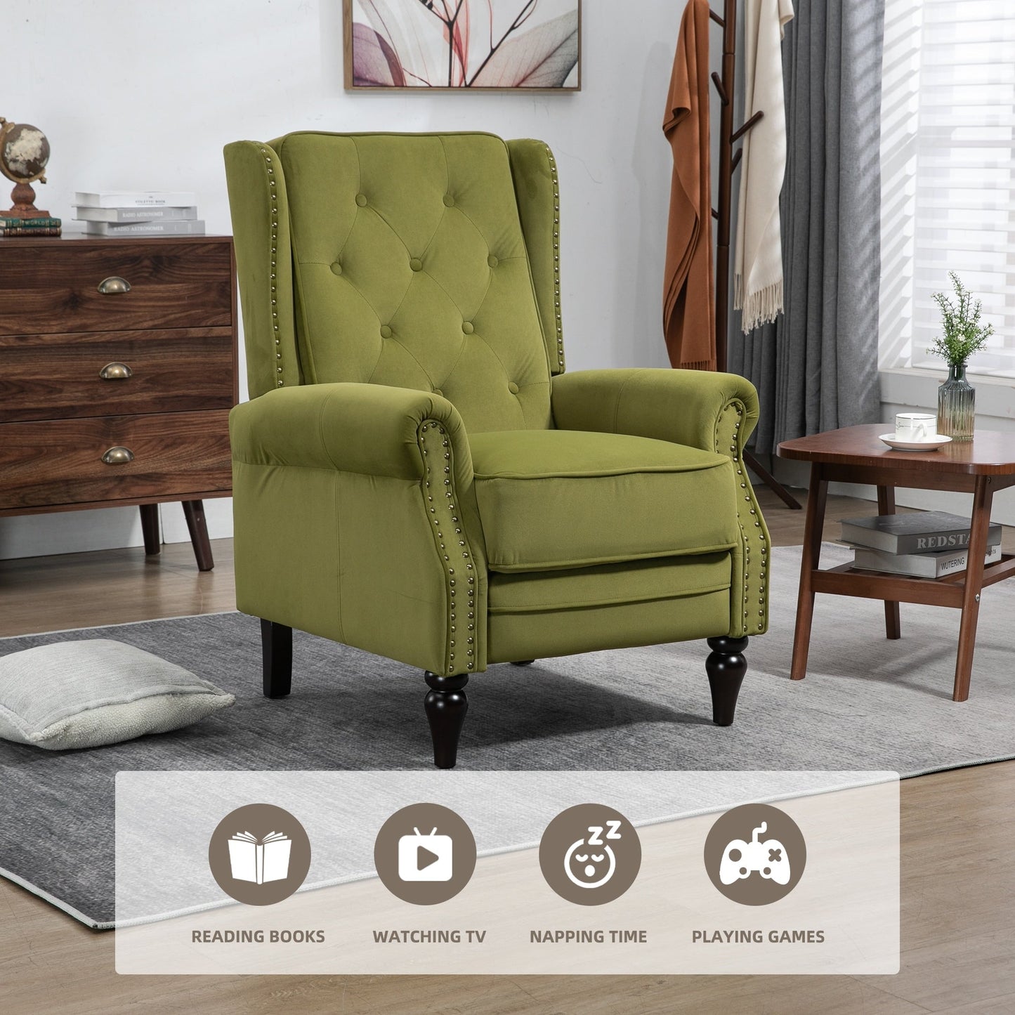 Fauteuil inclinable capitonné en velours avec pieds noirs