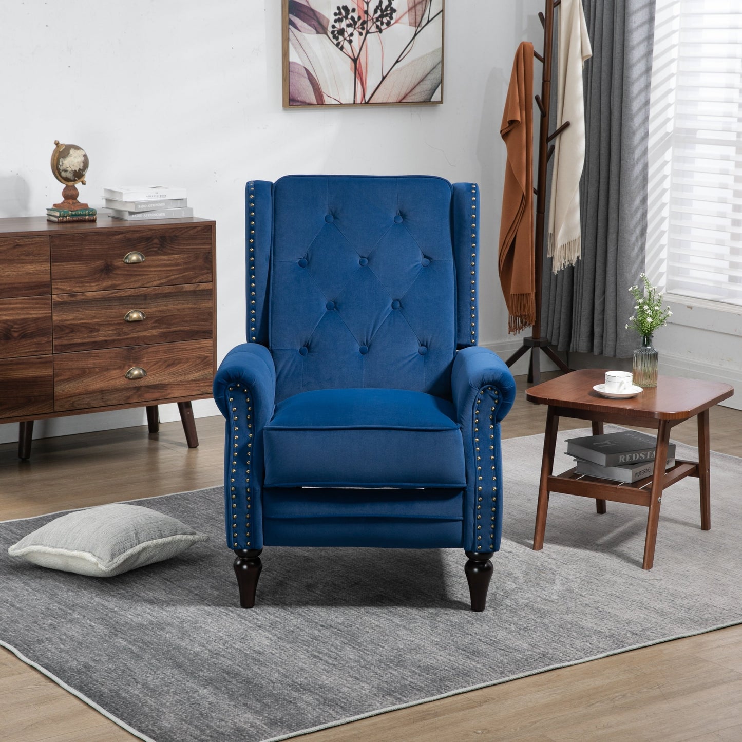 Fauteuil inclinable capitonné en velours avec pieds noirs