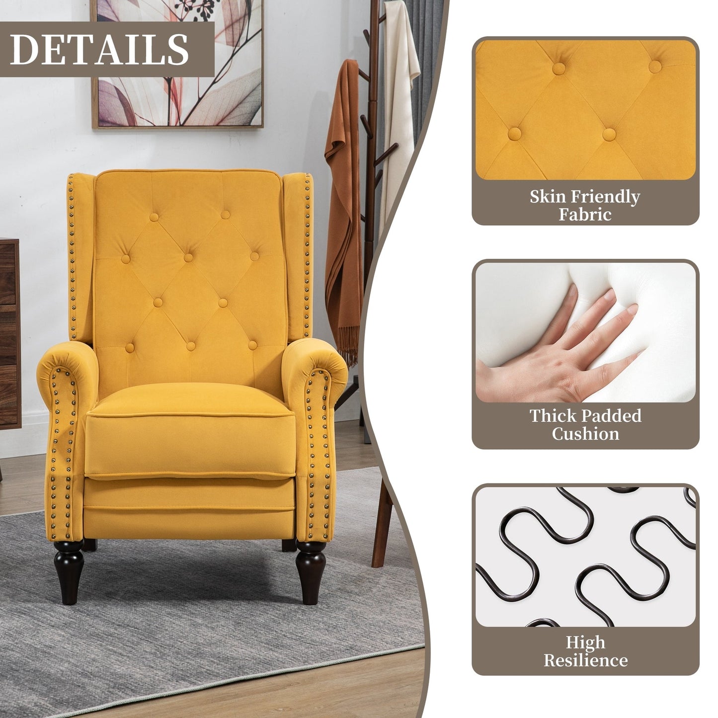 Fauteuil inclinable capitonné en velours avec pieds noirs