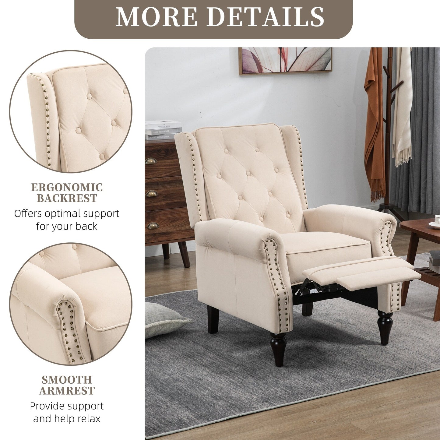 Fauteuil inclinable capitonné en velours avec pieds noirs