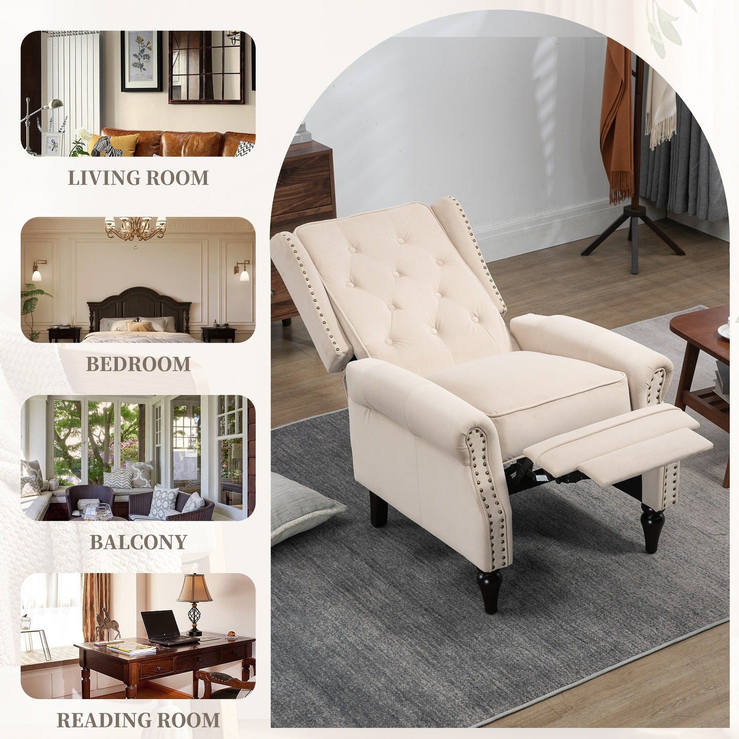 Fauteuil inclinable capitonné en velours avec pieds noirs