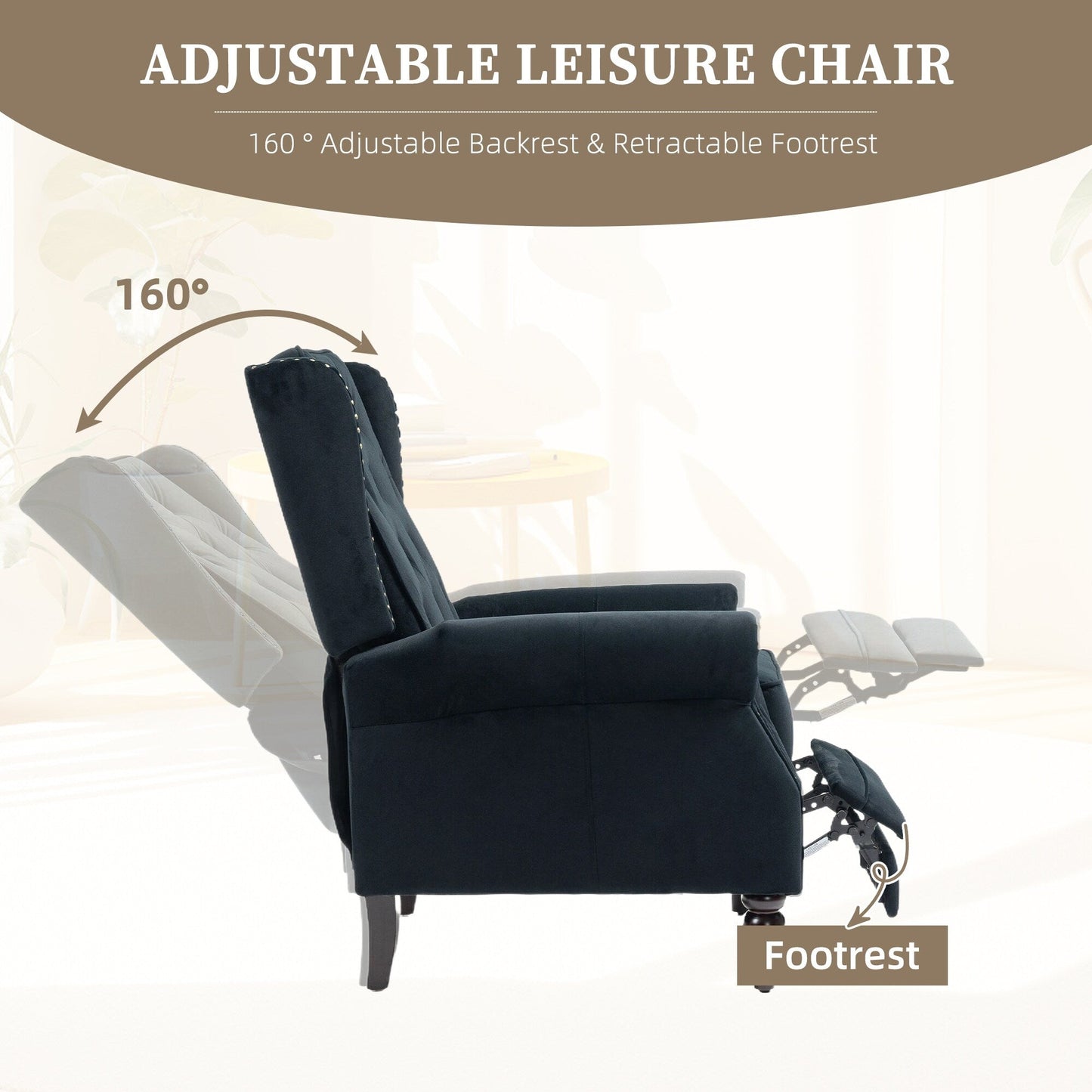 Fauteuil inclinable capitonné en velours avec pieds noirs