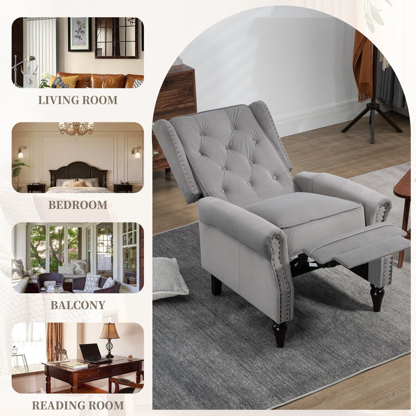 Fauteuil inclinable capitonné en velours avec pieds noirs