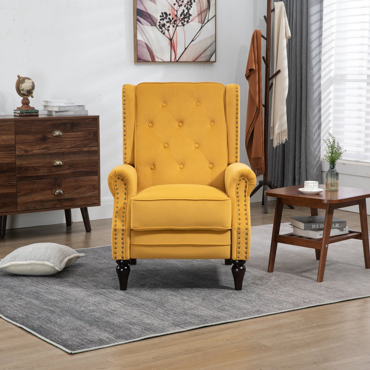 Fauteuil inclinable capitonné en velours avec pieds noirs