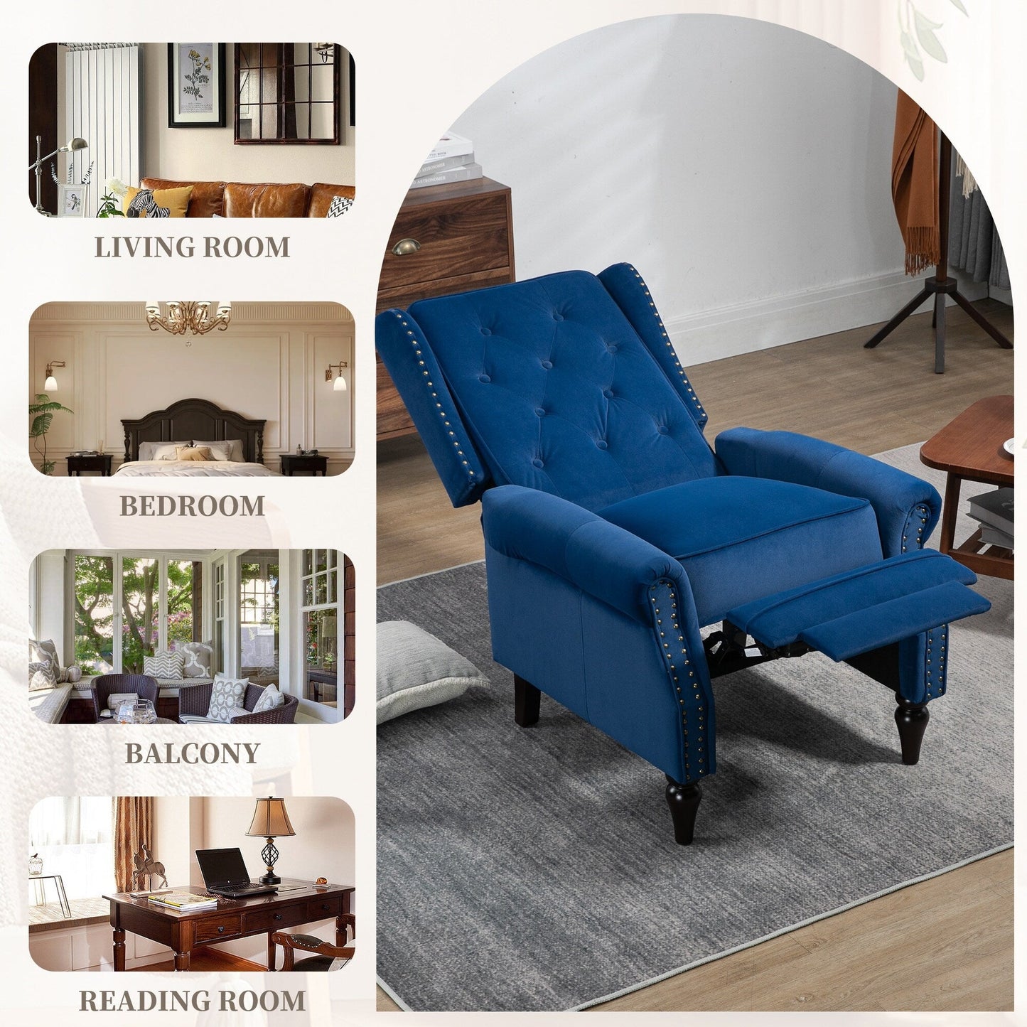 Fauteuil inclinable capitonné en velours avec pieds noirs