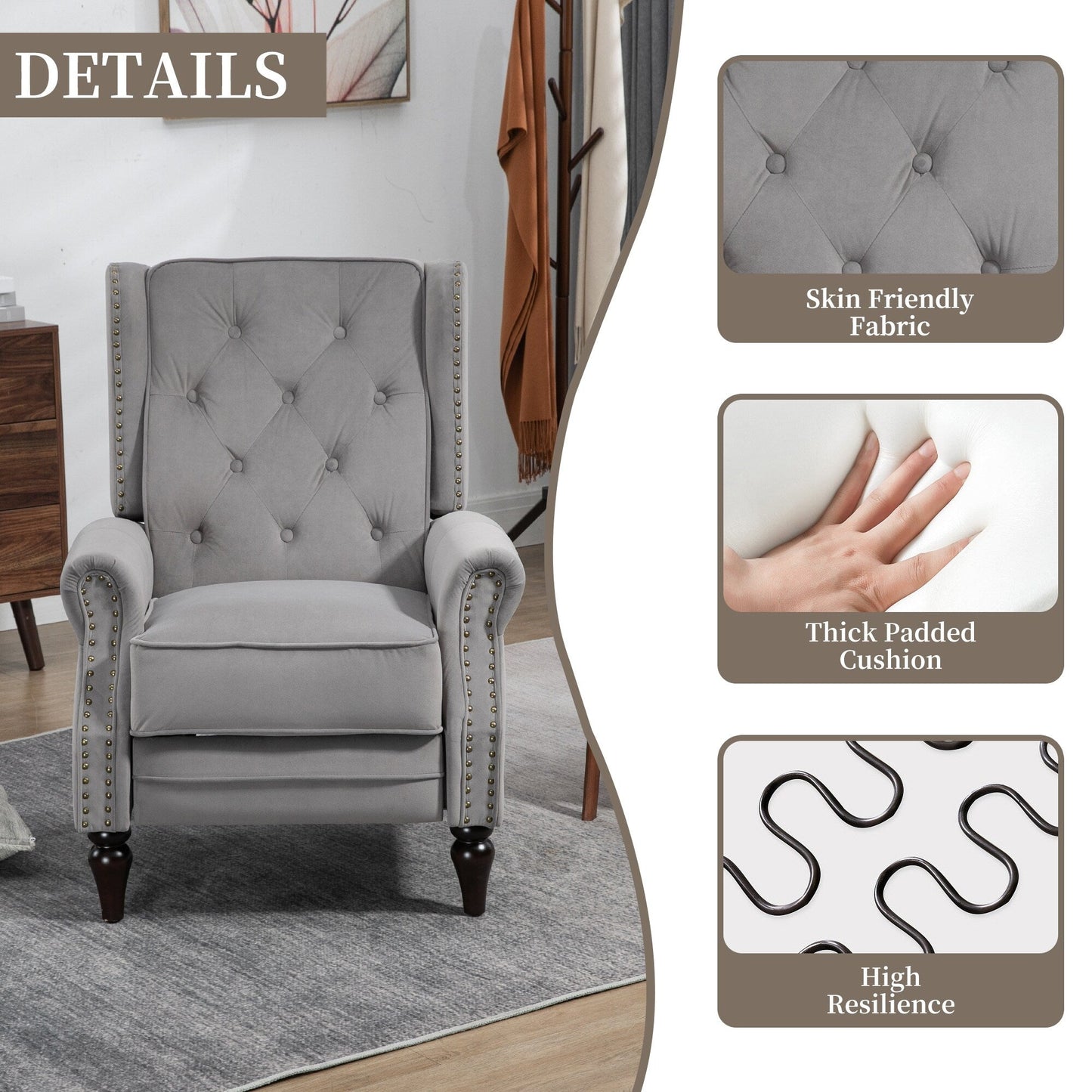 Fauteuil inclinable capitonné en velours avec pieds noirs