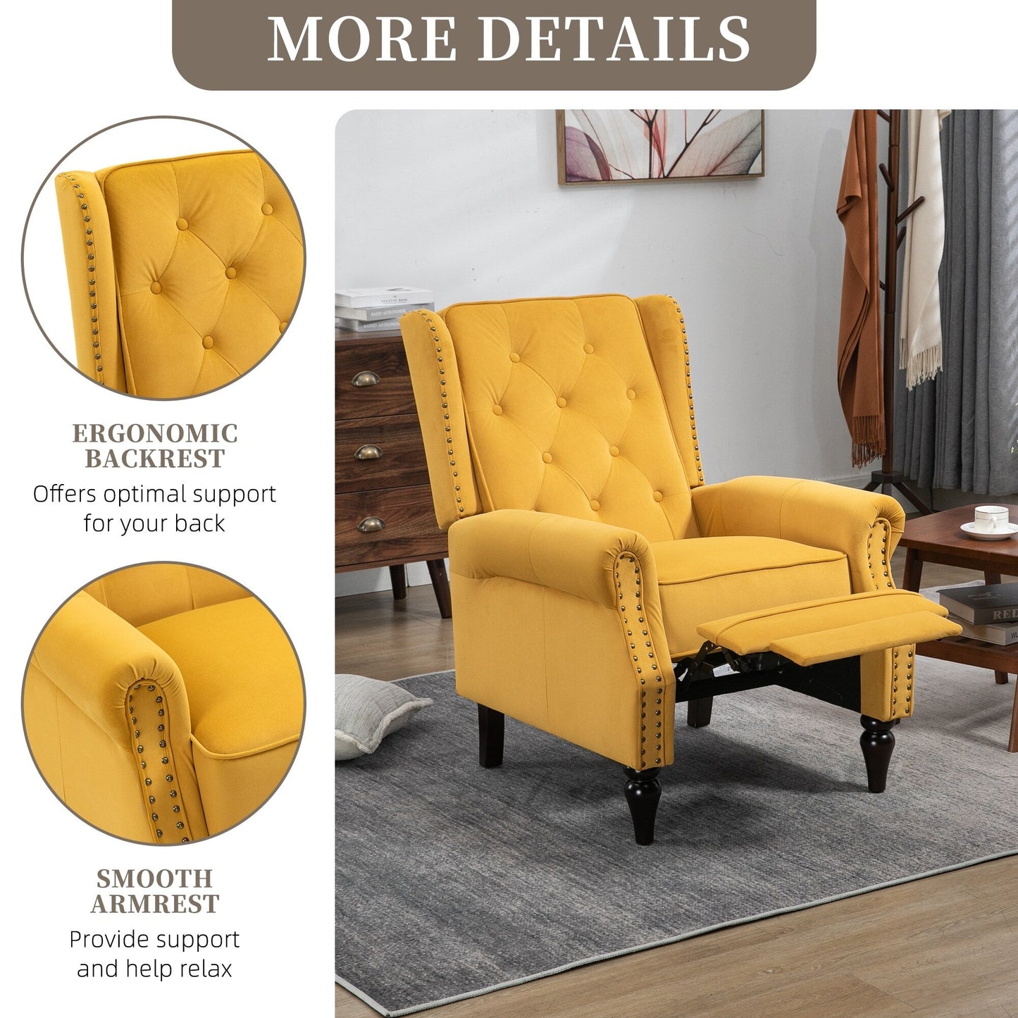 Fauteuil inclinable capitonné en velours avec pieds noirs