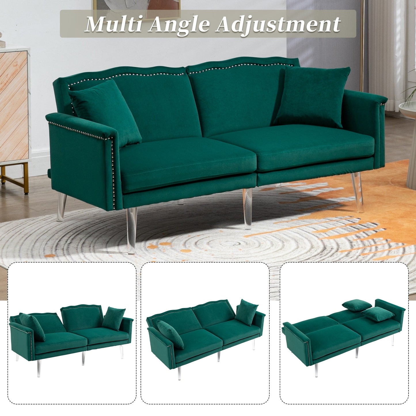 Canapé-lit rembourré en velours avec clous et pieds en acrylique