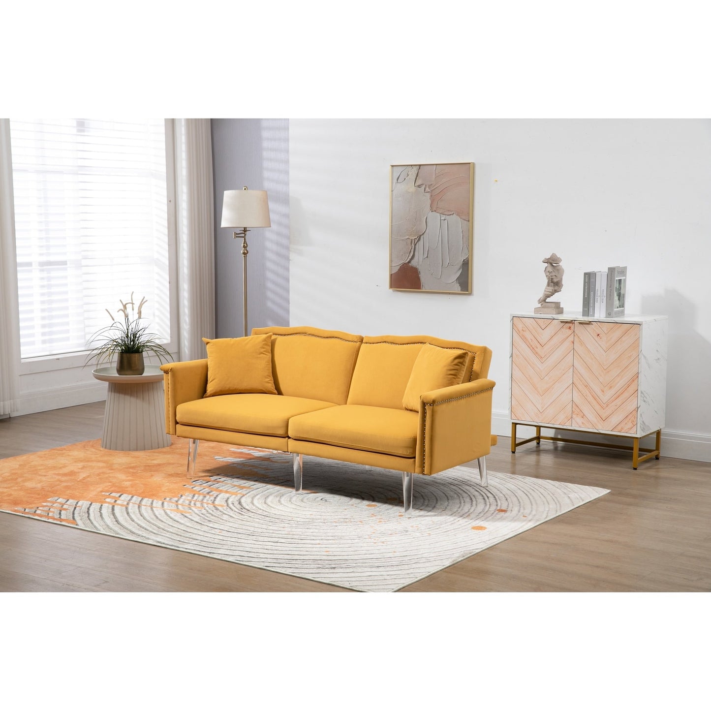 Canapé-lit rembourré en velours avec clous et pieds en acrylique