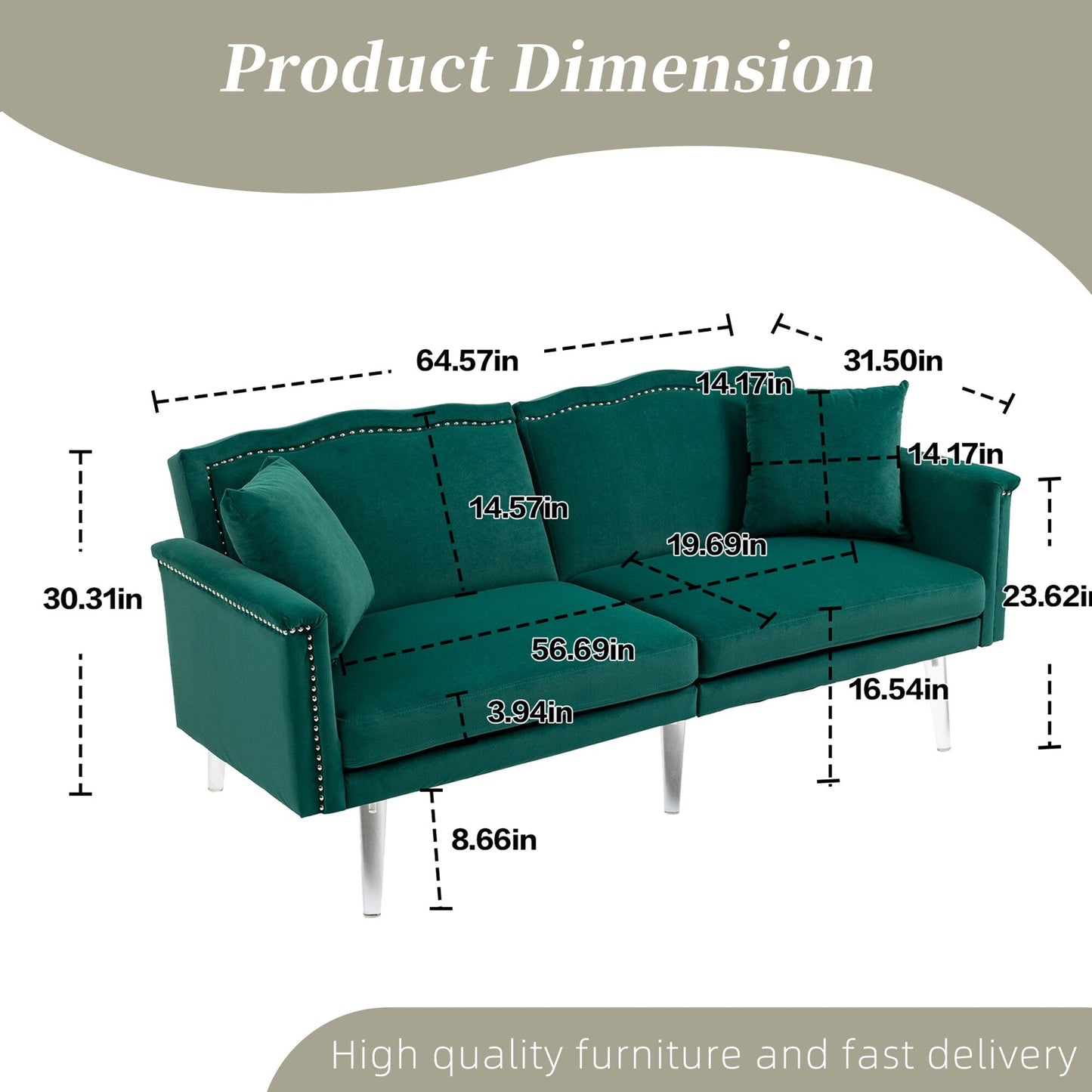 Canapé-lit rembourré en velours avec clous et pieds en acrylique