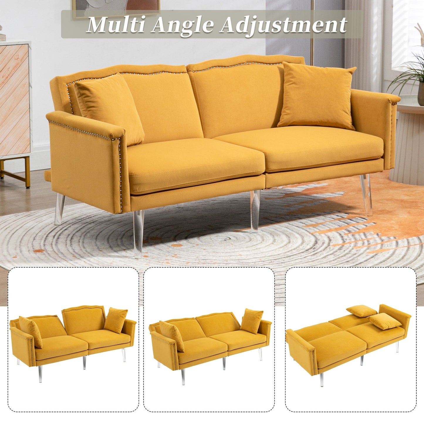 Canapé-lit rembourré en velours avec clous et pieds en acrylique