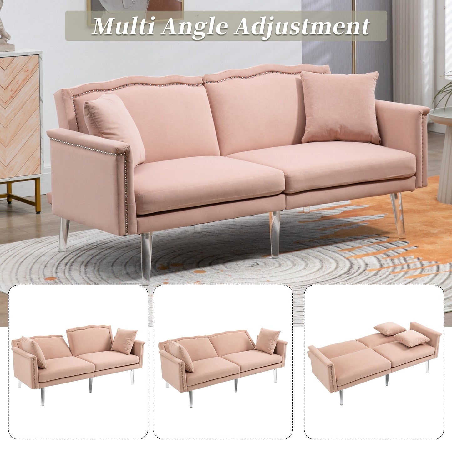 Canapé-lit rembourré en velours avec clous et pieds en acrylique