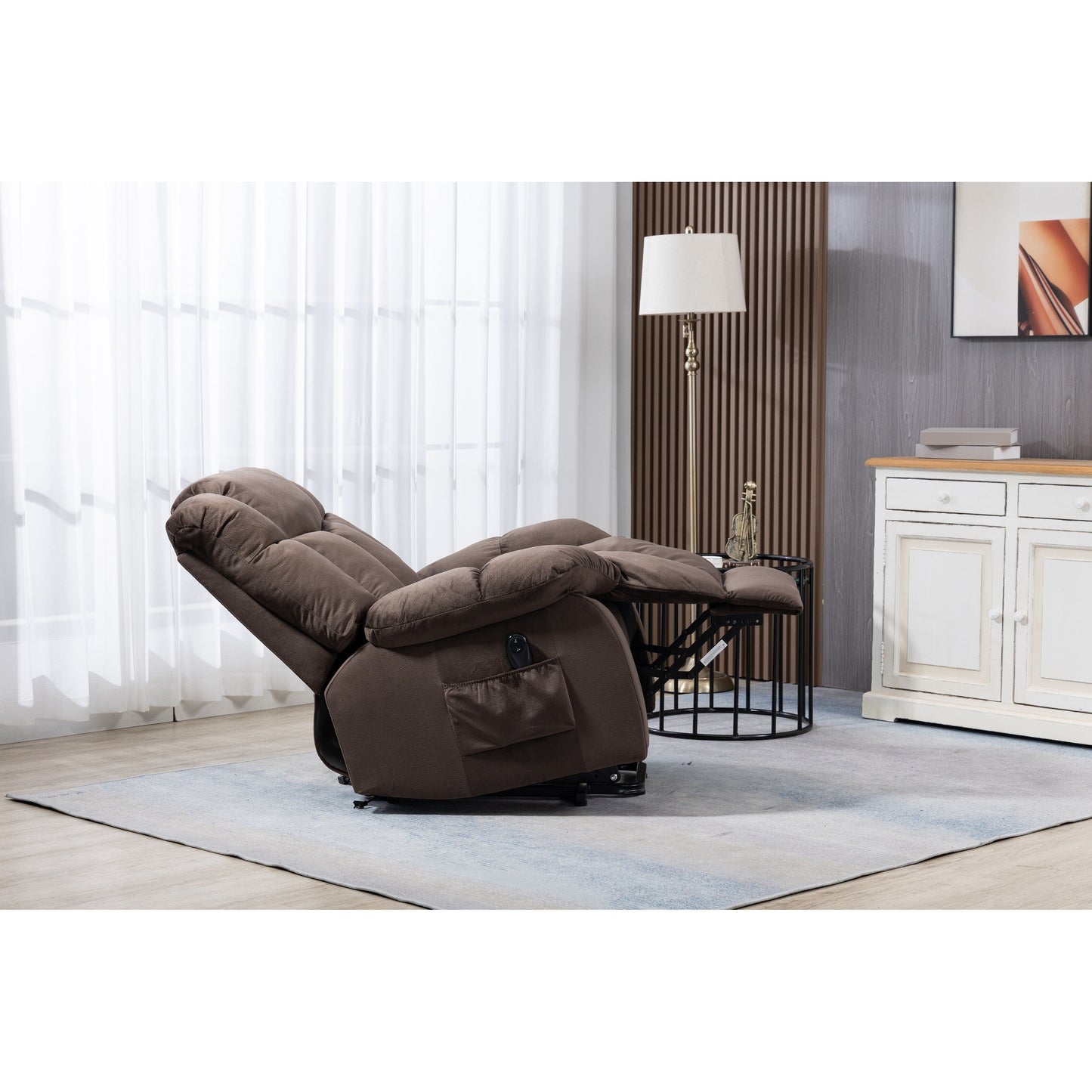 Fauteuil inclinable électrique rembourré en velours pour personnes âgées avec télécommande et poches de rangement latérales