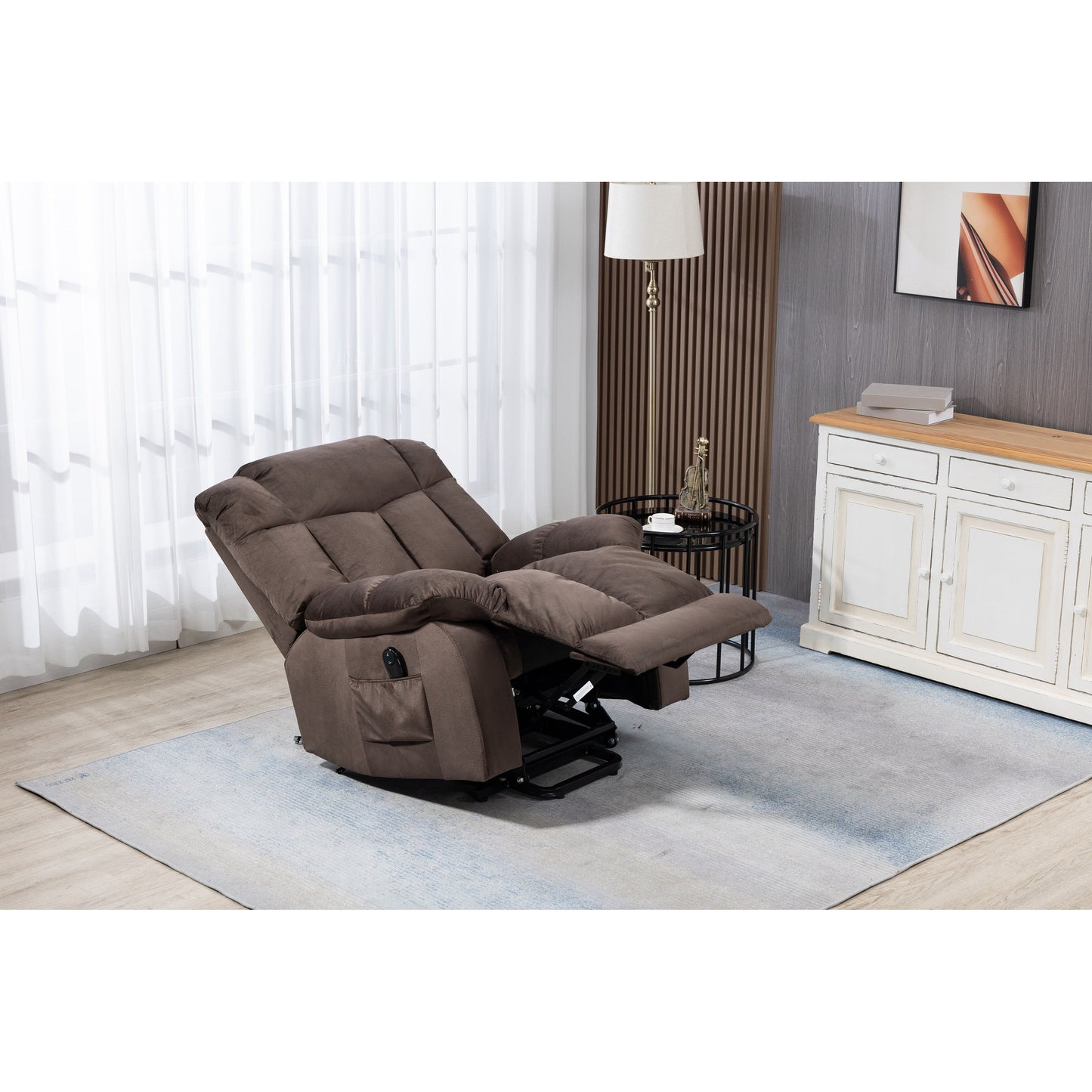 Fauteuil inclinable électrique rembourré en velours pour personnes âgées avec télécommande et poches de rangement latérales