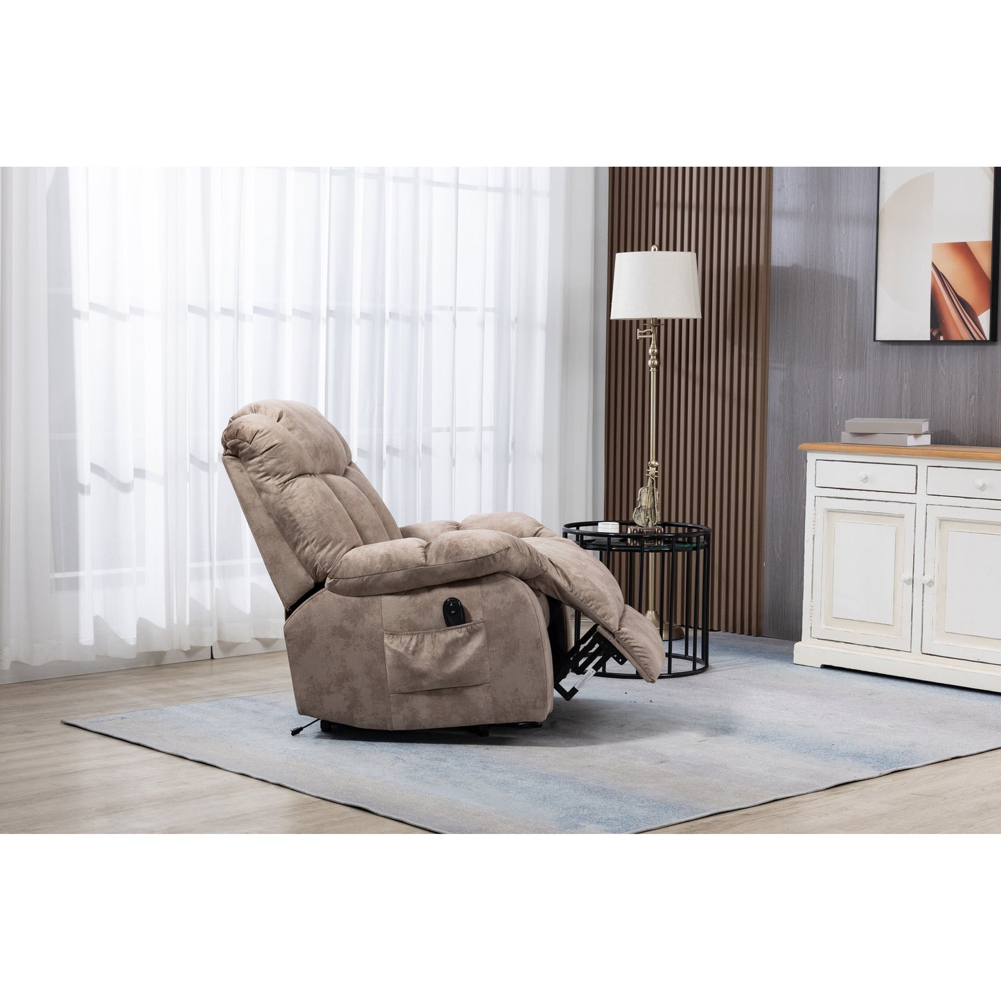 Fauteuil inclinable électrique rembourré en velours pour personnes âgées avec télécommande et poches de rangement latérales