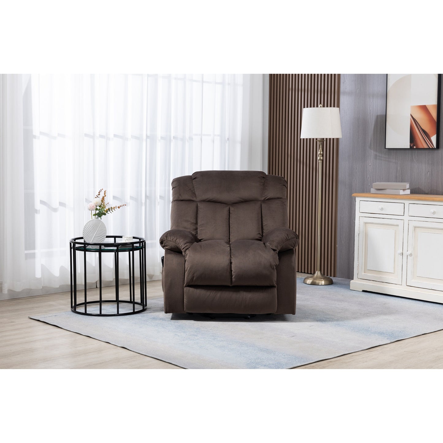 Fauteuil inclinable électrique rembourré en velours pour personnes âgées avec télécommande et poches de rangement latérales