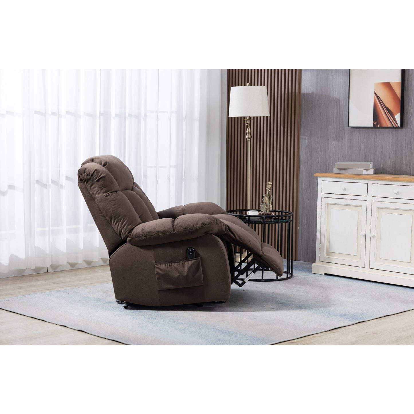 Fauteuil inclinable électrique rembourré en velours pour personnes âgées avec télécommande et poches de rangement latérales