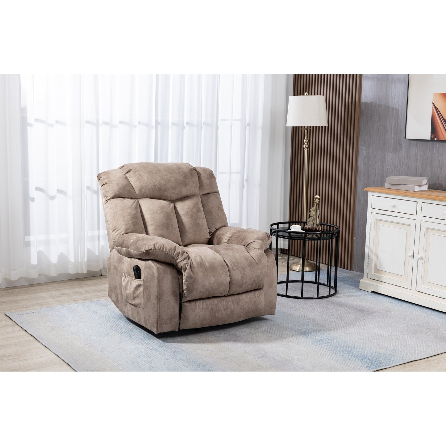 Fauteuil inclinable électrique rembourré en velours pour personnes âgées avec télécommande et poches de rangement latérales