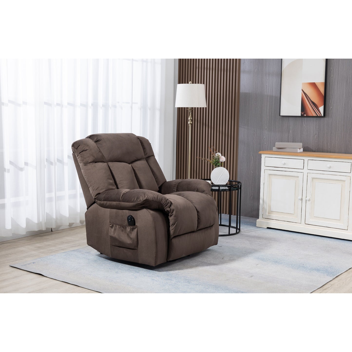 Fauteuil inclinable électrique rembourré en velours pour personnes âgées avec télécommande et poches de rangement latérales