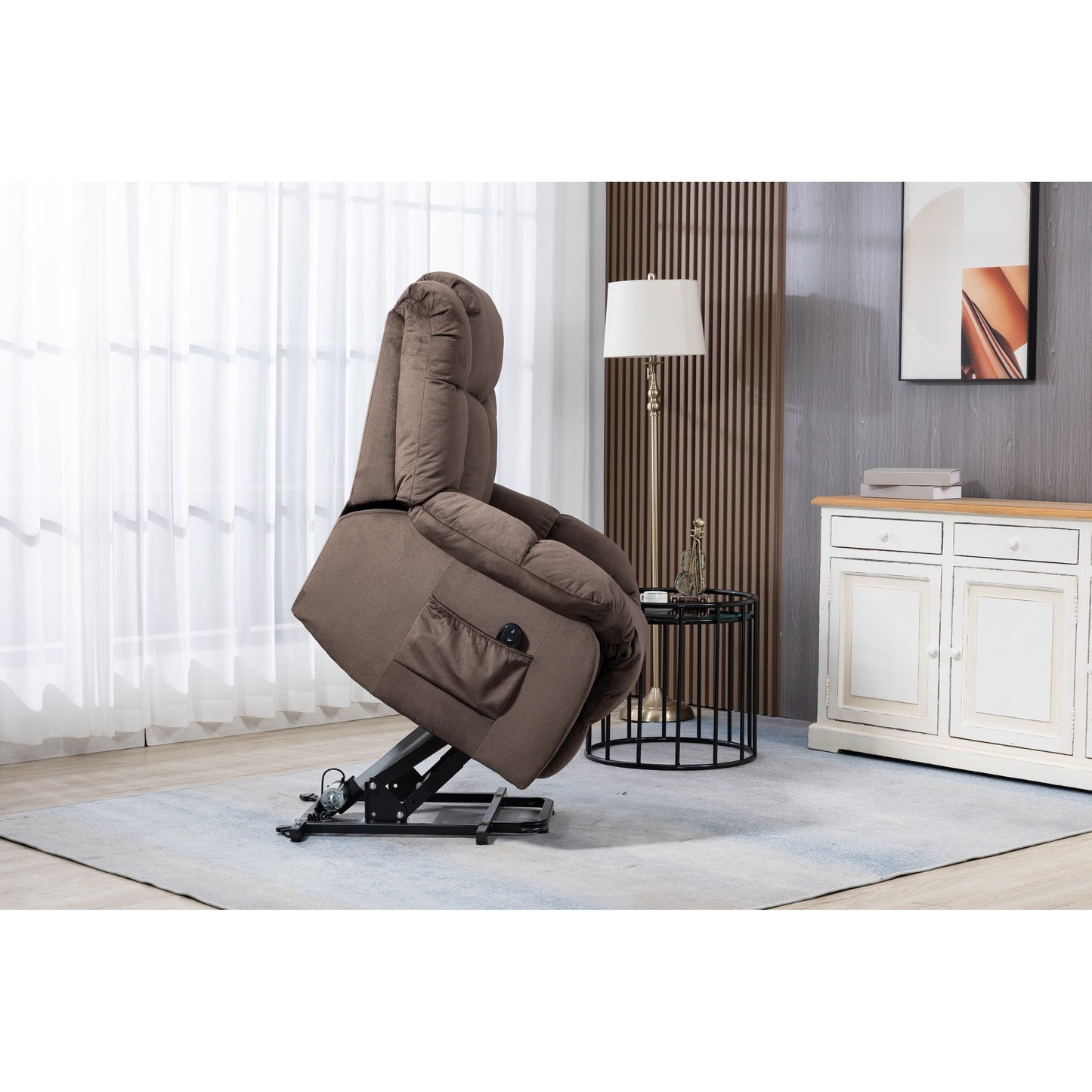 Fauteuil inclinable électrique rembourré en velours pour personnes âgées avec télécommande et poches de rangement latérales