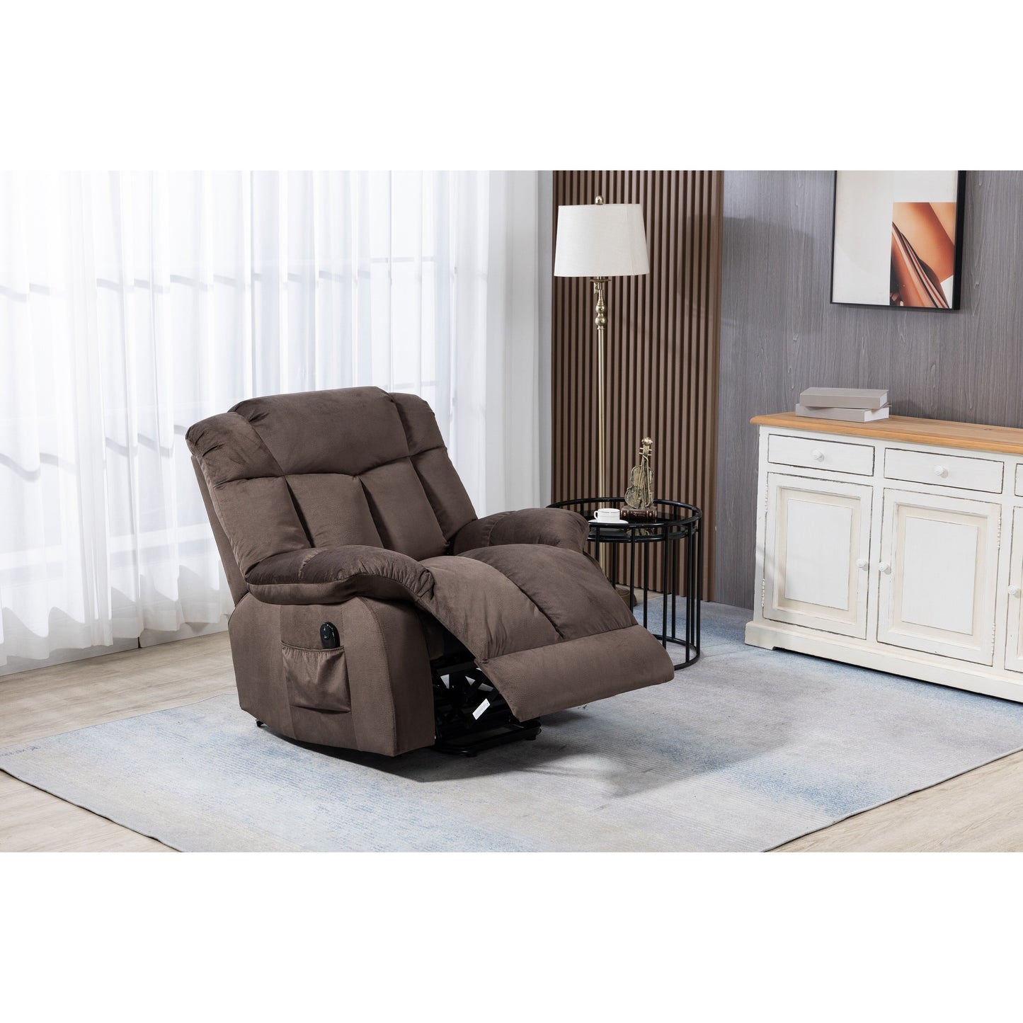 Fauteuil inclinable électrique rembourré en velours pour personnes âgées avec télécommande et poches de rangement latérales