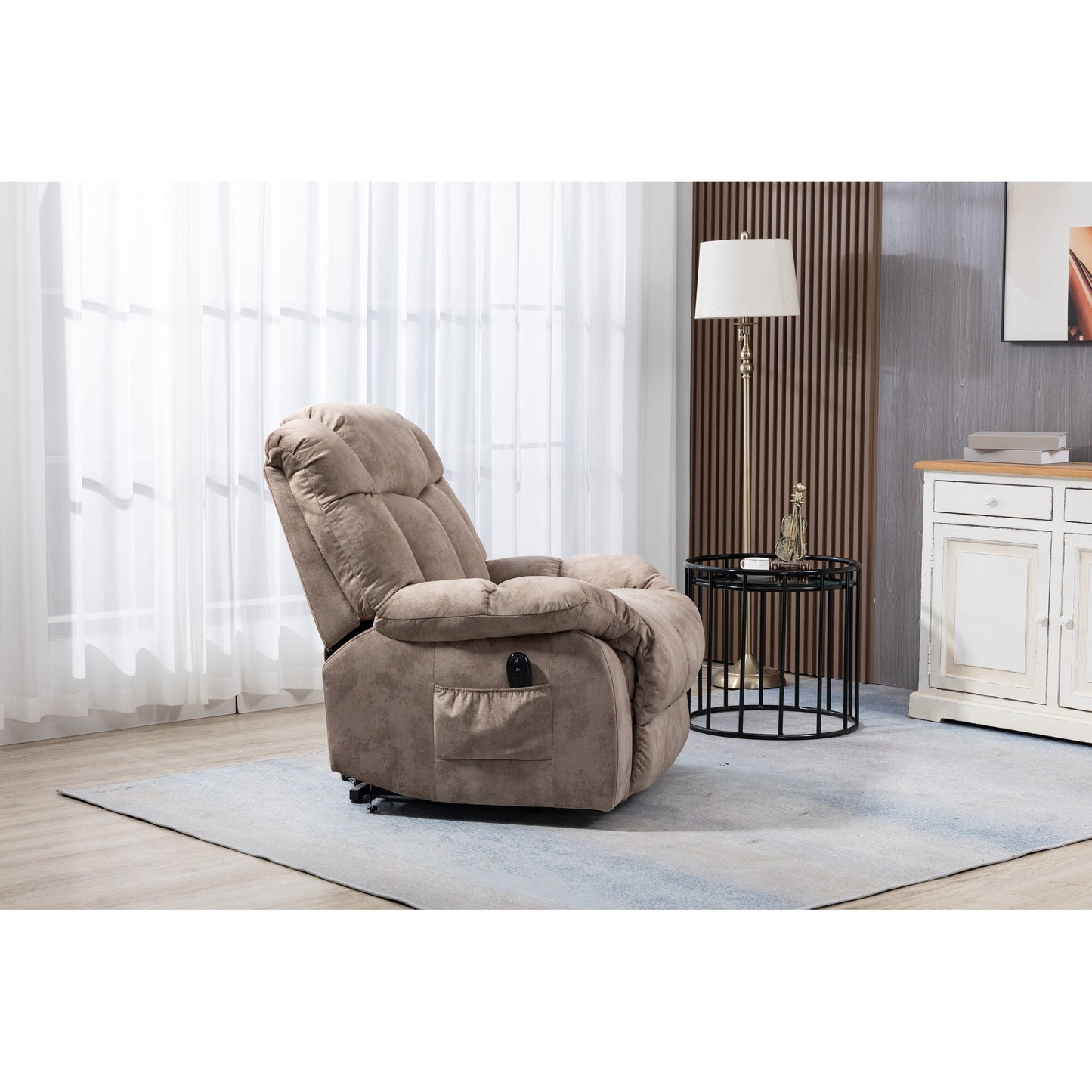 Fauteuil inclinable électrique rembourré en velours pour personnes âgées avec télécommande et poches de rangement latérales