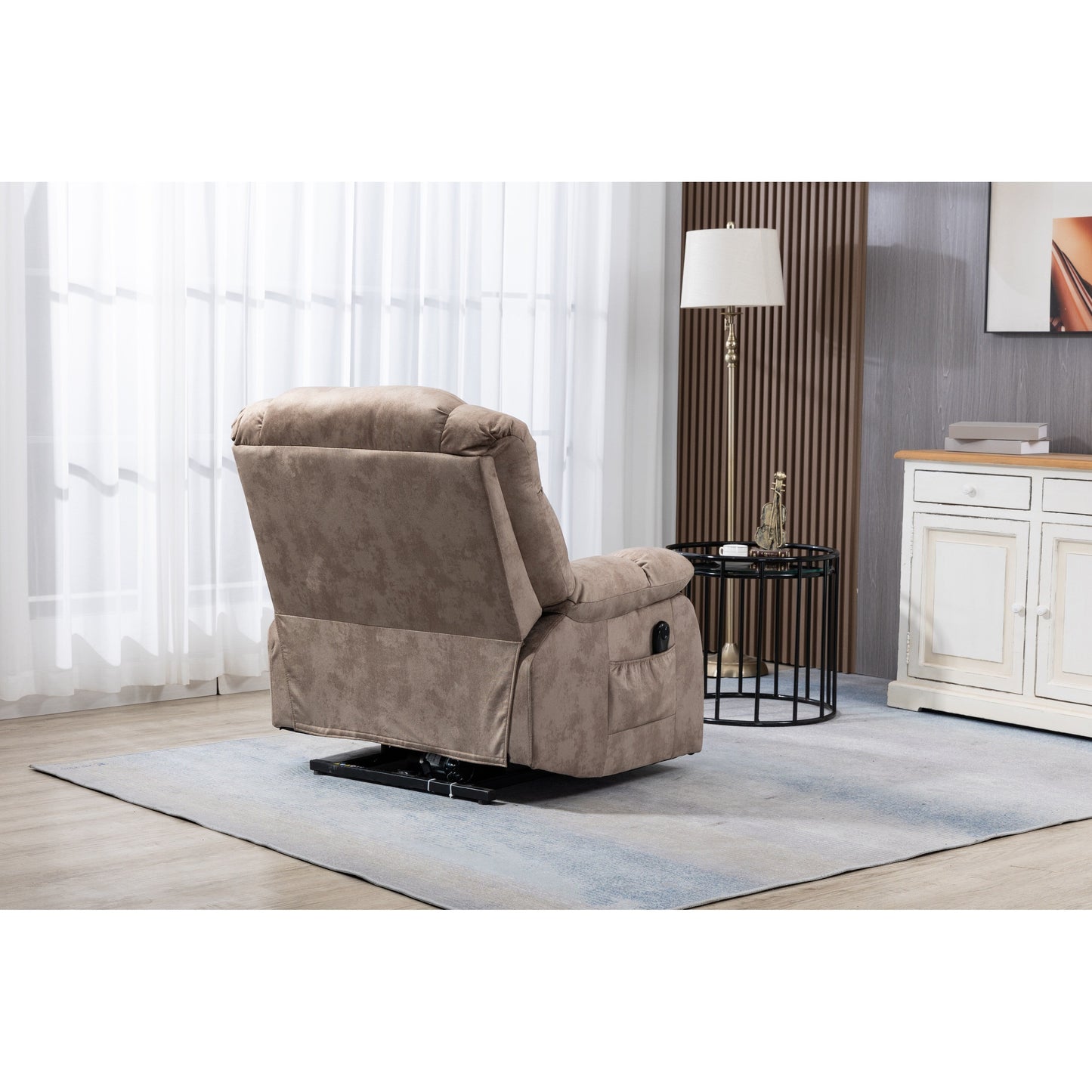 Fauteuil inclinable électrique rembourré en velours pour personnes âgées avec télécommande et poches de rangement latérales
