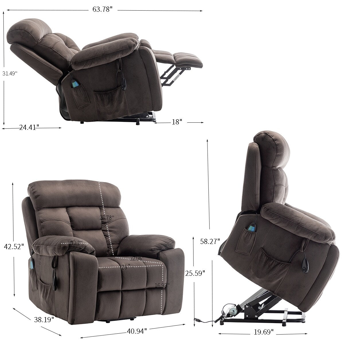 Fauteuil inclinable électrique large en velours avec chauffage, massage et moteur OKIN silencieux