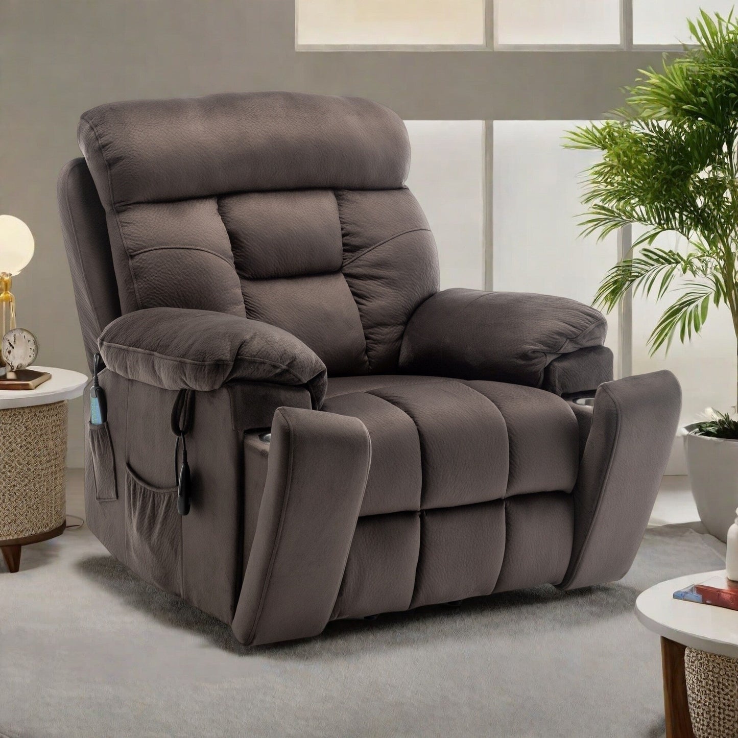 Fauteuil inclinable électrique large en velours avec chauffage, massage et moteur OKIN silencieux