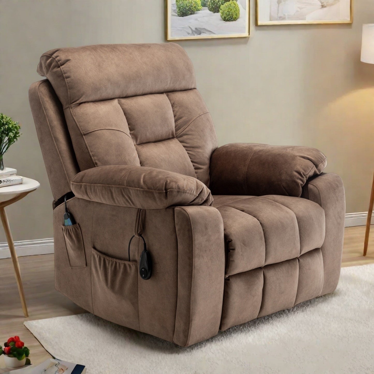Fauteuil inclinable électrique large en velours avec chauffage, massage et moteur OKIN silencieux