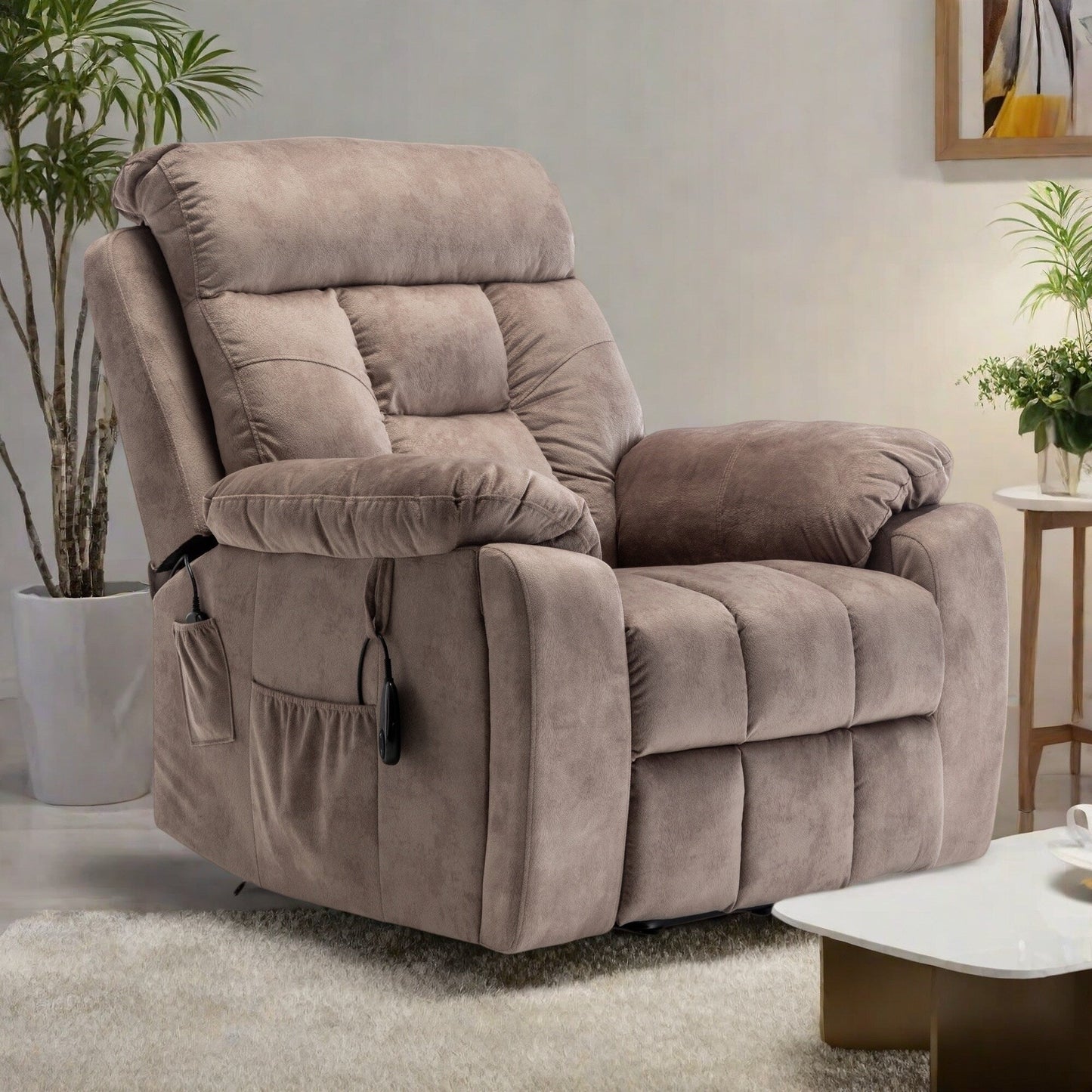 Fauteuil inclinable électrique large en velours avec chauffage, massage et moteur OKIN silencieux