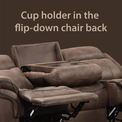 Canapé inclinable manuel en microsuède Verne Brown avec porte-gobelets rabattables
