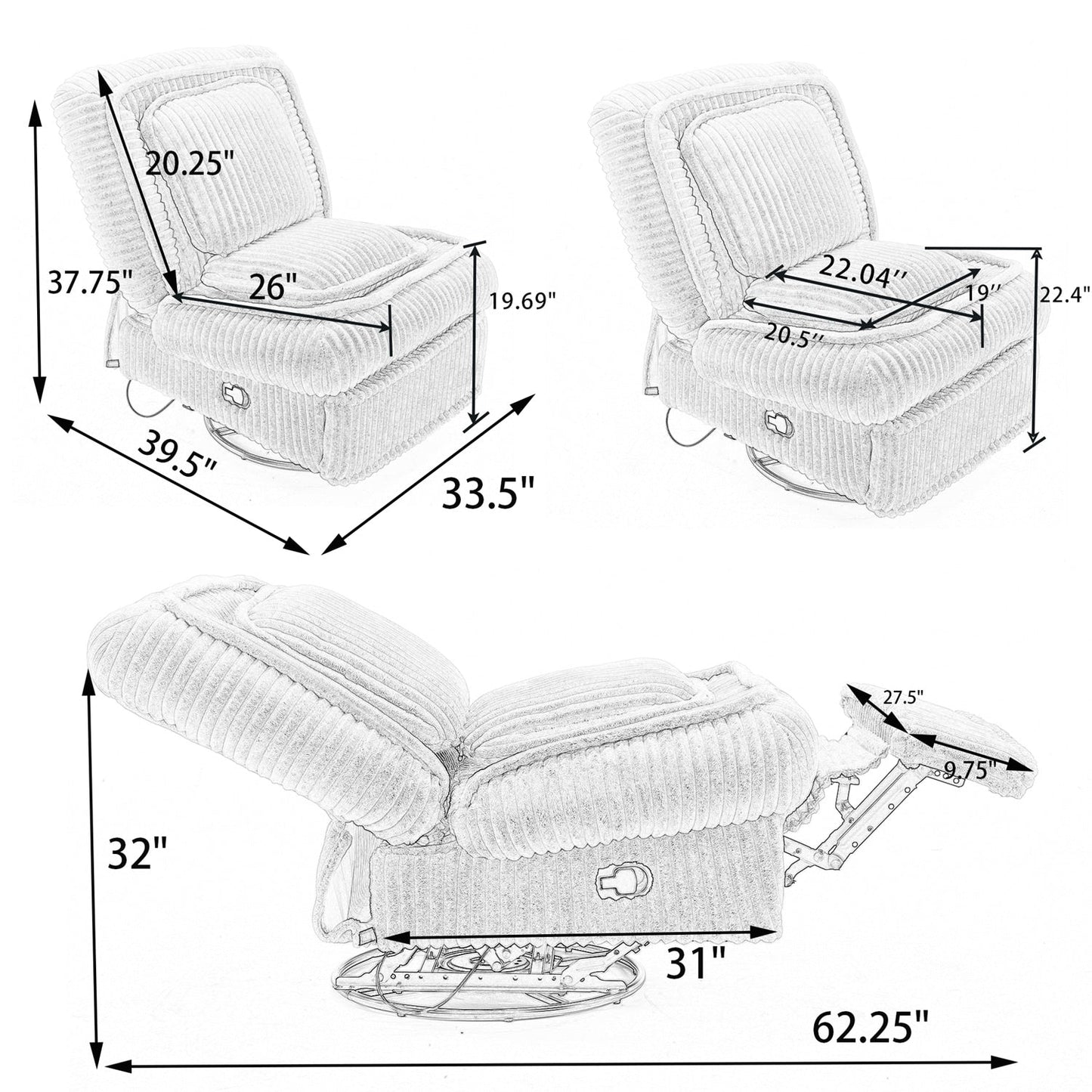 Canapé inclinable polyvalent en velours côtelé pour la détente et le confort