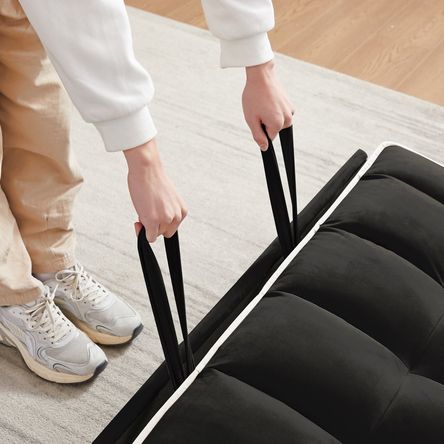 Canapé-lit pliable polyvalent en velours avec dossier réglable, port USB et support de téléphone