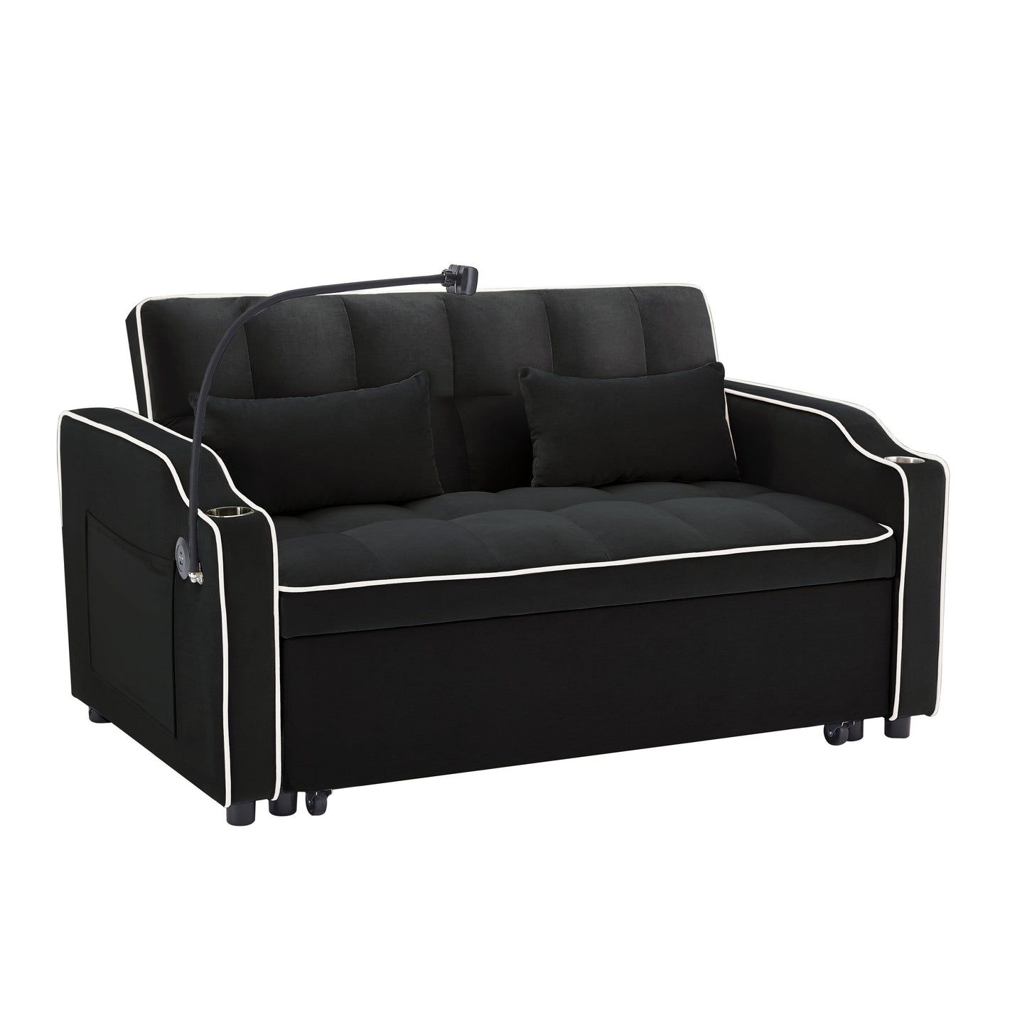 Canapé-lit pliable polyvalent en velours avec dossier réglable, port USB et support de téléphone