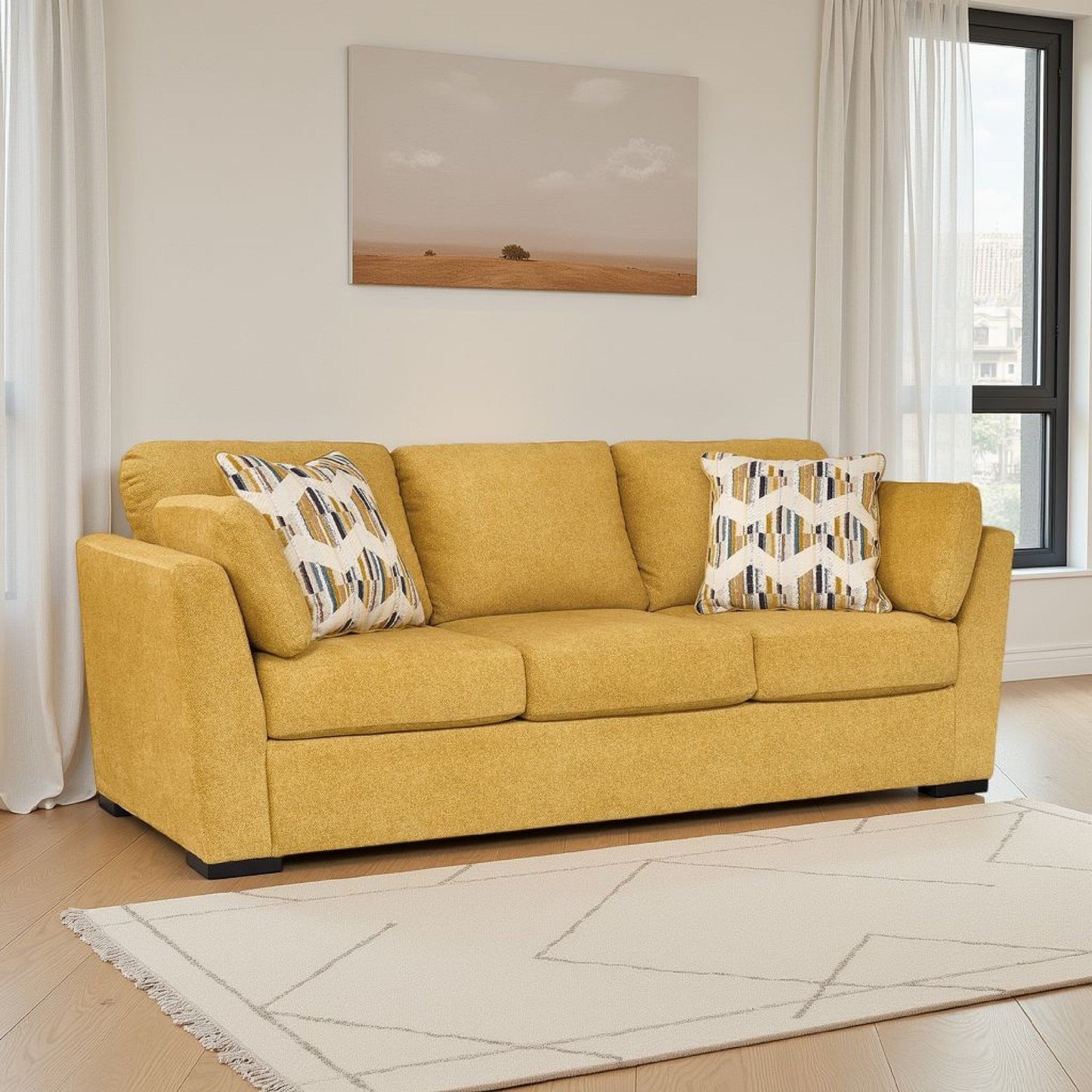 Canapé Viena, 2 coussins décoratifs, imitation velours jaune doux, 92 pouces