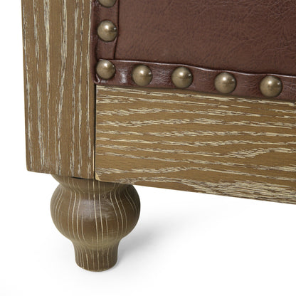 Canapé sectionnel vintage 6 places en similicuir avec dossier capitonné, garniture cloutée et pieds en bois pour le salon