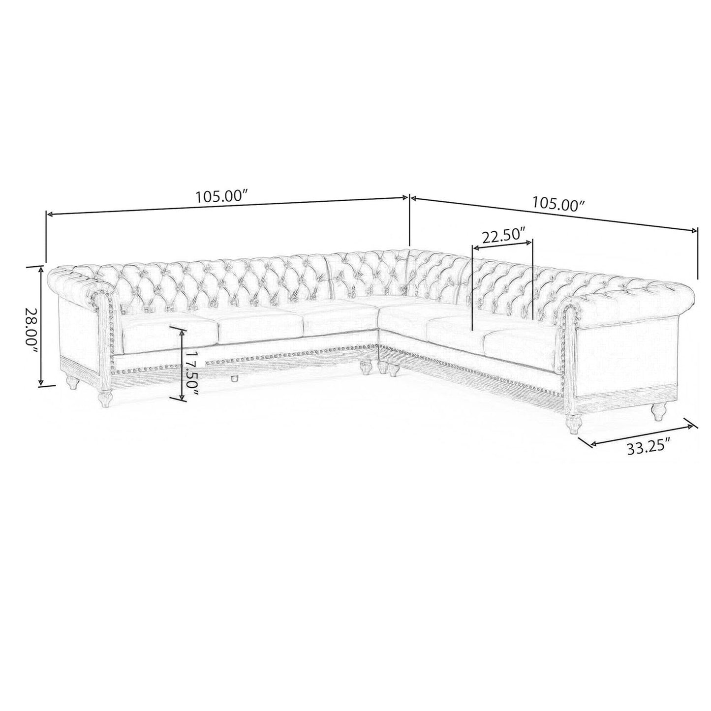 Canapé sectionnel vintage 6 places en similicuir avec dossier capitonné, garniture cloutée et pieds en bois pour le salon