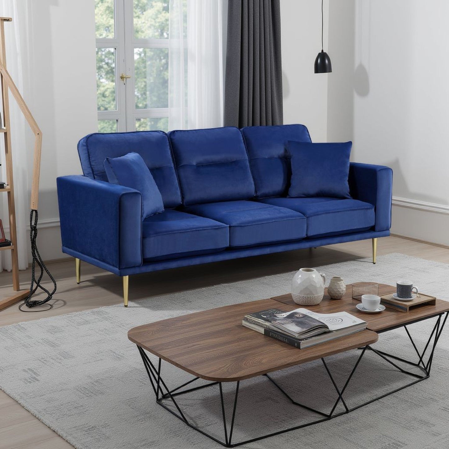 Canapé Voxo avec 2 coussins décoratifs, assise rembourrée en velours bleu, 82 pouces