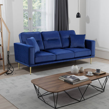 Canapé Voxo avec 2 coussins décoratifs, assise rembourrée en velours bleu, 82 pouces