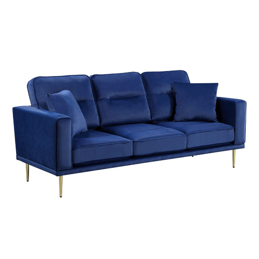 Canapé Voxo avec 2 coussins décoratifs, assise rembourrée en velours bleu, 82 pouces