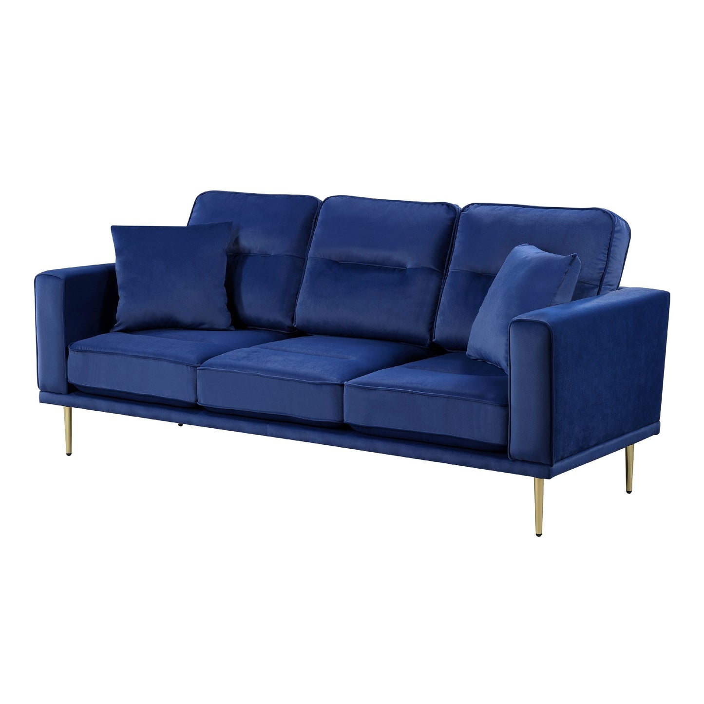 Canapé Voxo avec 2 coussins décoratifs, assise rembourrée en velours bleu, 82 pouces