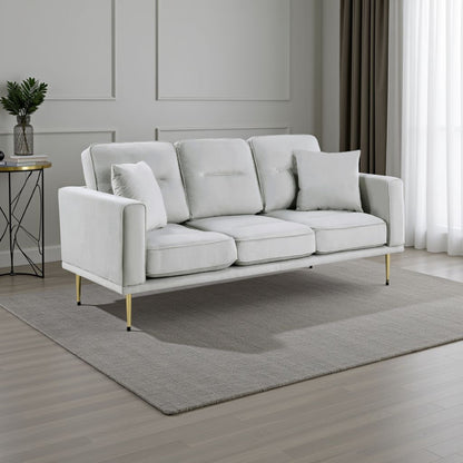 Canapé Voxo, assise rembourrée en velours gris, deux coussins décoratifs, 82 pouces
